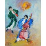 Ben Avram, Indian/Israeli b.1941- Two musicians; oil on canvasboard, signed lower left, signed and