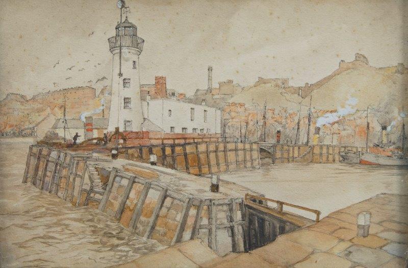 Gordon Home, British 1878-1969- Harbourside scene; pencil and watercolour heightened with white,