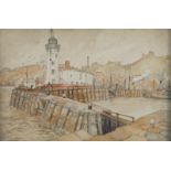 Gordon Home, British 1878-1969- Harbourside scene; pencil and watercolour heightened with white,