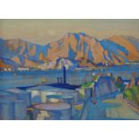 South African School, early/mid-20th century- Harbour scene with mountains in the distance; oil on