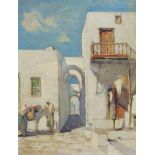 European School, late-20th century- Woman hanging washing in a street, and Figures by a coastline;