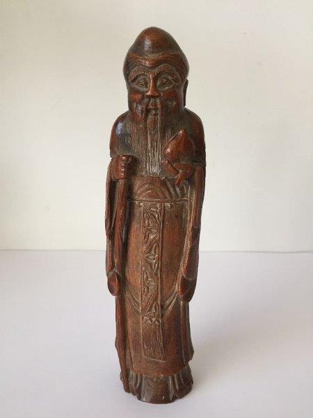 A pair of Chinese carved bamboo figures, early 19th century, one carved Shoulao holding a large - Image 2 of 7