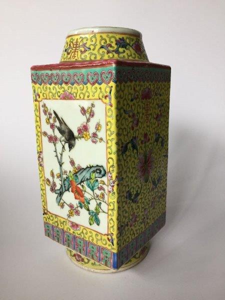 A pair of Chinese porcelain famille rose yellow-ground square vases, cong, Republic period, with - Image 2 of 5