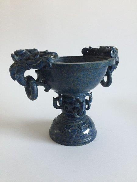 A Chinese carved lapis lazuli 'dragon' tazza, late 19th/ early 20th century, the bowl flanked by two - Image 3 of 5