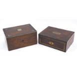 Two mahogany and brass inlaid boxes, 19th century, one with two glass inkwells to the interior and a