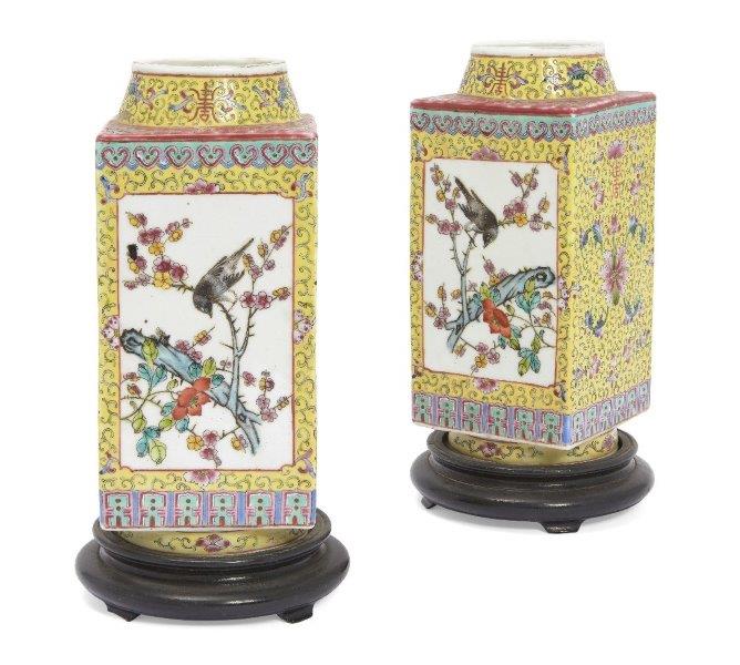 A pair of Chinese porcelain famille rose yellow-ground square vases, cong, Republic period, with