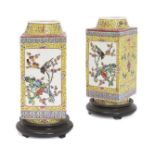 A pair of Chinese porcelain famille rose yellow-ground square vases, cong, Republic period, with