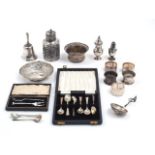 A mixed group of small silver and white metal including: a silver tea caddy, London, 1901, Mappin