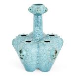 An unusual Zsolnay turquoise glazed pottery tulip vase, circa 1895, stamped to base Zsolnay Pecs