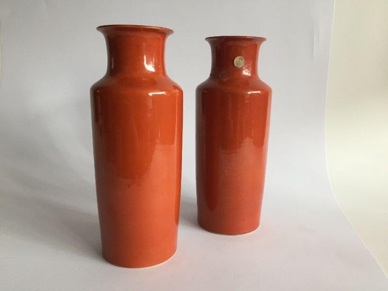 A pair of Chinese porcelain coral-glazed vases, Republic period, of cylindrical form with straight - Image 2 of 4