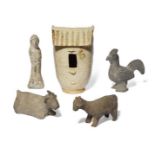Four Chinese pottery figures and a model of a bird house, Han dynasty, the bird house Song