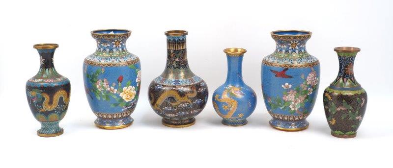 Six Chinese cloisonné enamel vases, 20th century, with a pair of blue-ground vases decorated with