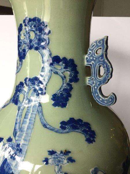 A pair of Chinese porcelain blue and white celadon-ground vases, 19th century, each painted with - Image 2 of 18