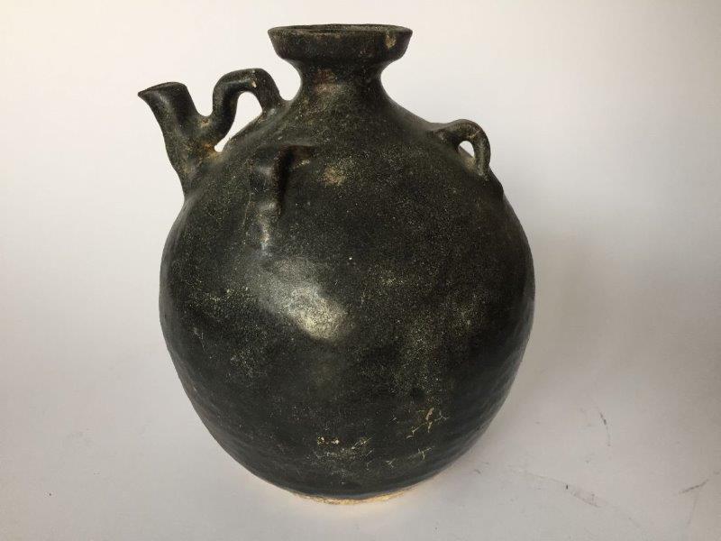 A Chinese pottery black-glazed ewer, Song dynasty, of globular form, the shoulder applied with three - Image 3 of 5