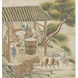 Two Chinese export 'porcelain production' wallpaper panels, late Qing dynasty, depicting stages of