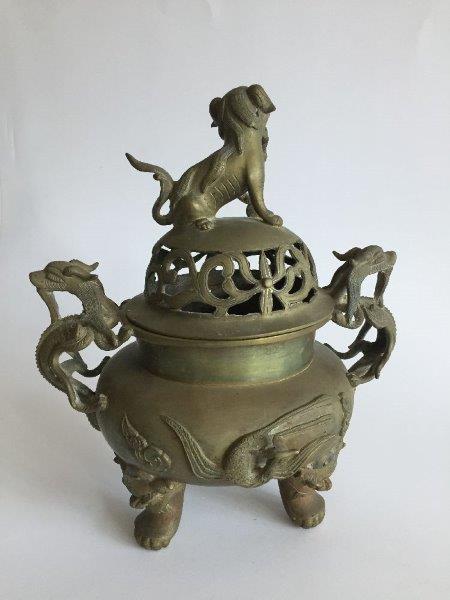 A Chinese polished bronze 'temple lion' tripod censer and cover, early 20th century, of compressed - Image 3 of 6