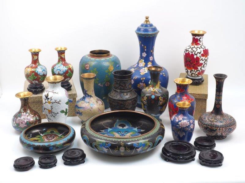 A group of Chinese cloisonné enamel objects, 20th century, with twelve vases, two large