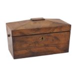 A Victorian rosewood sarcophagus tea caddy with hinged lid, the interior with two lidded