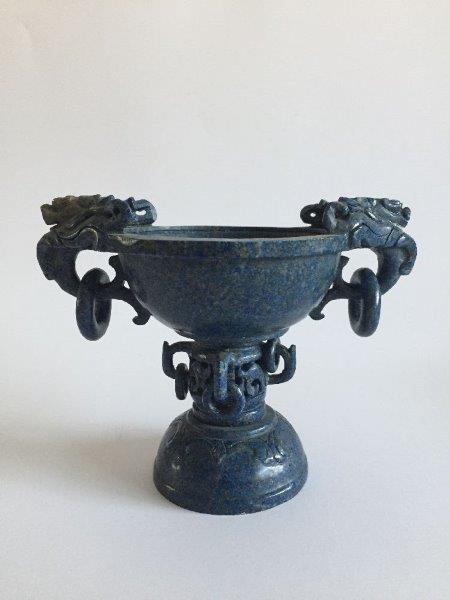 A Chinese carved lapis lazuli 'dragon' tazza, late 19th/ early 20th century, the bowl flanked by two - Image 2 of 5