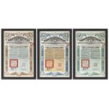 Three Chinese Government Bonds, early 20th century, gold loans of 1912, £20, £100, and £500, 45x30cm