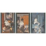 19th century Indonesian school, gouache on paper, three erotic scenes, 26 x 18.6cm, in glazed