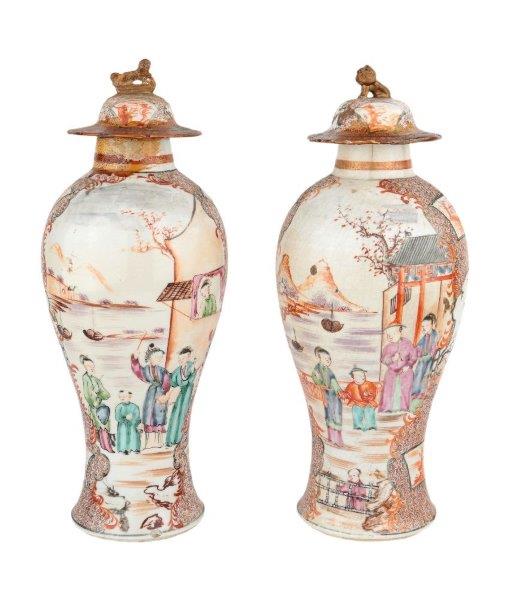 A pair of Chinese export porcelain 'Mandarin palette' vases and covers, Qianlong period, painted