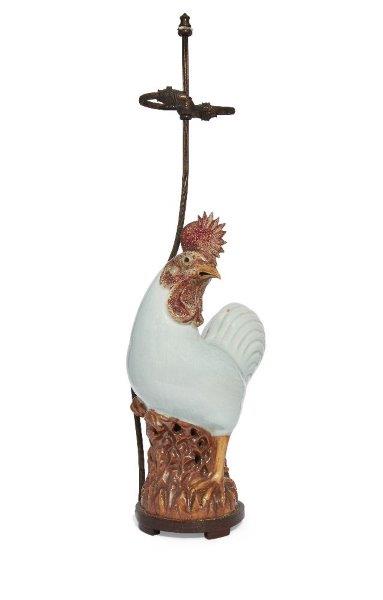 A Chinese export porcelain figure of a rooster, 19th century, modelled standing beside a pierced