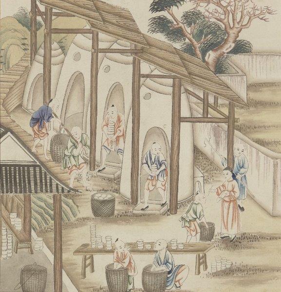 Two Chinese export 'porcelain production' wallpaper panels, late Qing dynasty, depicting stages of - Image 3 of 4