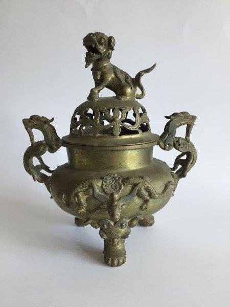 A Chinese polished bronze 'temple lion' tripod censer and cover, early 20th century, of compressed - Image 2 of 6