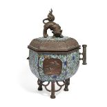 A Japanese bronze and champlevé enamel censer and cover, late 19th century, the exterior decorated