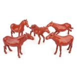 WITHDRAWN: Five Chinese porcelain coral-glazed figures of horses, Republic period, modelled in