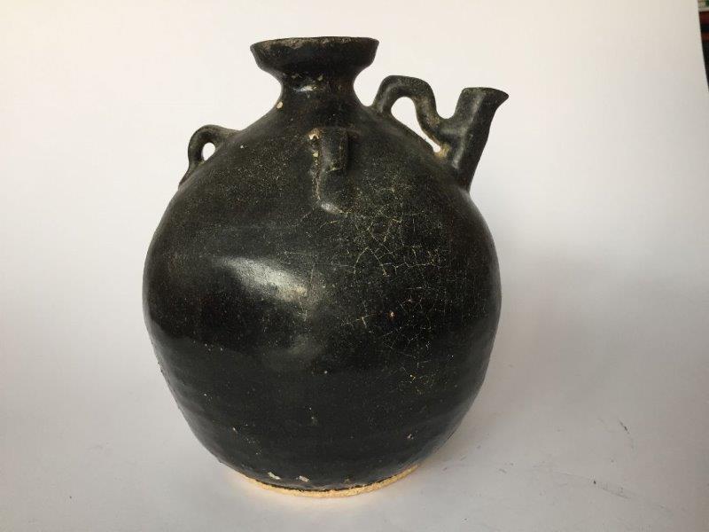 A Chinese pottery black-glazed ewer, Song dynasty, of globular form, the shoulder applied with three - Image 2 of 5