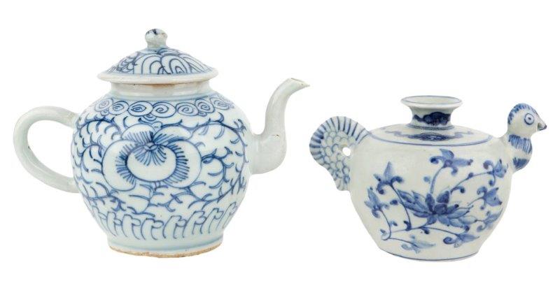 Two Chinese porcelain blue and white teapots, 20th century, one painted with flowering lotus blossom