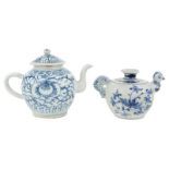 Two Chinese porcelain blue and white teapots, 20th century, one painted with flowering lotus blossom