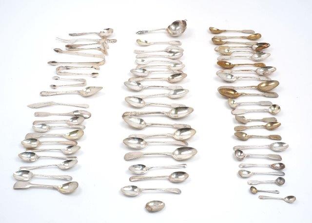 A group of silver flatware including: five Irish silver egg spoons, Dublin, 1826, William Cummins; a