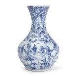 A Chinese porcelain blue and white octagonal 'Romance of the Western Chamber' vase, Yongzheng