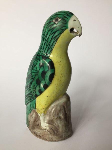 Four Chinese biscuit porcelain green and yellow-glazed figures of parrots, 18th century, modelled as - Image 9 of 11