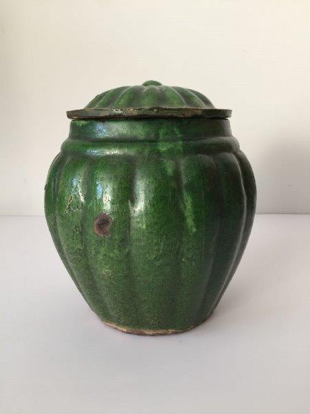 A pair of Chinese pottery green-glazed jars and covers, Ming dynasty, each jar with lobed sides that - Image 6 of 13