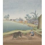 19th century Chinese School, watercolour on paper, farmer poughing a field with an ox, 34.5x30.