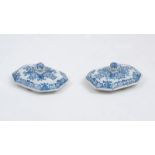 Two blue and white ceramic hexagonal jar lids, 19th century, each with rounded finial, 9.5cm x 7.5cm