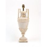 An Alabaster twin handled urn vase, 20th century, re-fashioned as a table lamp, 38cm high