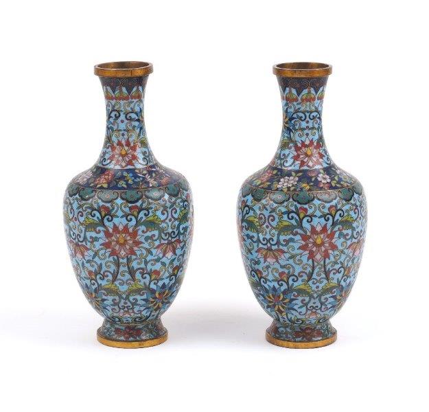 A pair of Chinese cloisonné enamel vases, late 19th century, decorated with lotus flowers and