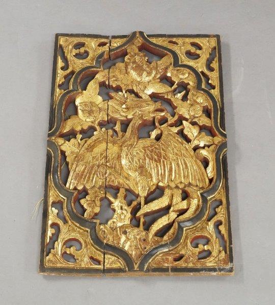 A Chinese giltwood panel, carved with phoenix amongst foliage, 63 x 40cm widePlease refer to