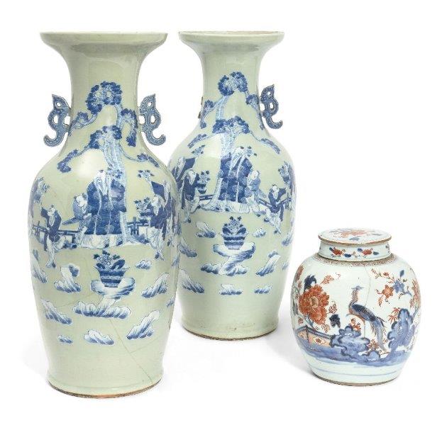 A pair of Chinese porcelain blue and white celadon-ground vases, 19th century, each painted with