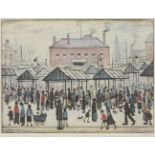 Laurence Stephen Lowry RBA RA, British 1887-1976- Market scene in a Northern town, 1973;