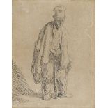 Rembrandt Harmensz. van Rijn, Dutch 1606-1669- A beggar in a high cap, standing and leaning on a