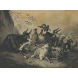 C. Lainé, French, early-mid 19th century- Goats, sheep, and a cow with a standing cloaked figure