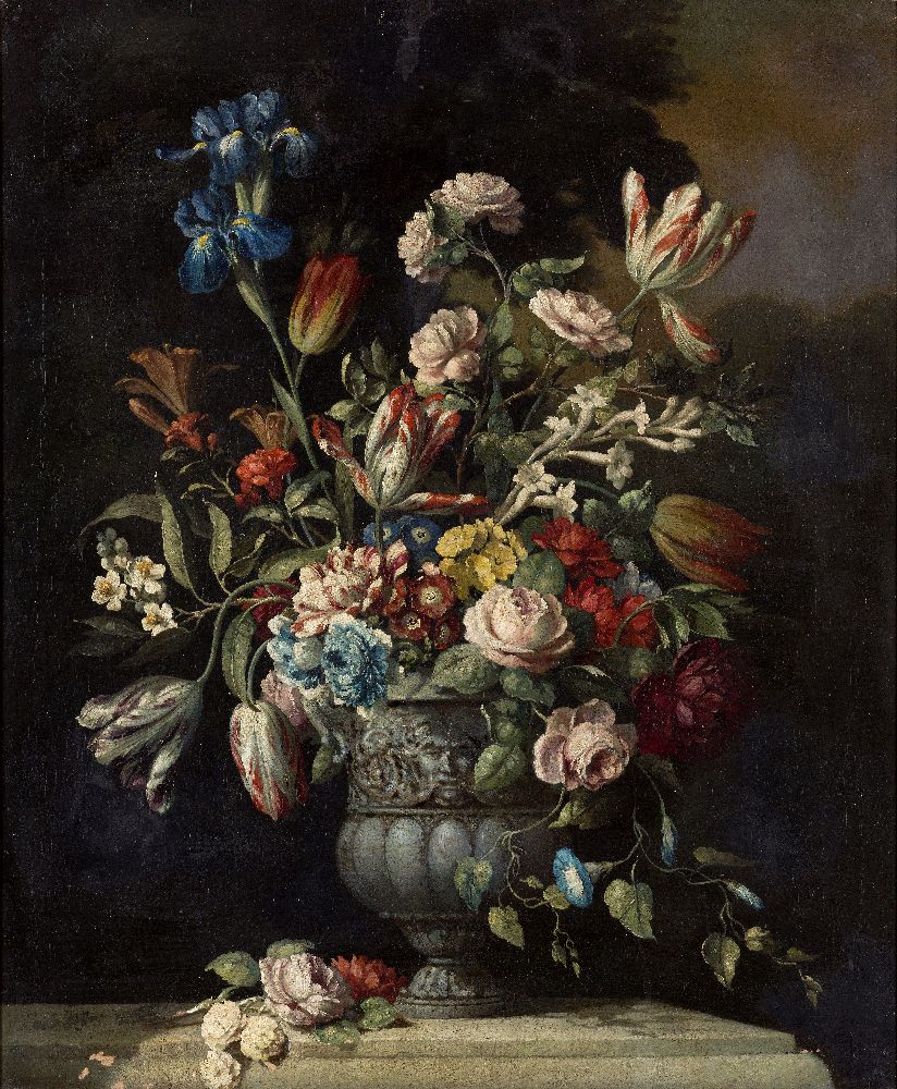 Circle of Gerard van Spaendonck, Dutch 1746-1822- Still life of flowers in an ornamental urn on a