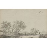 Jan van Goyen, Dutch 1596-1656- Landscape with trees and a peasant walking; black chalk and grey