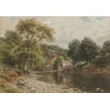 Harry Sutton Palmer, RI, British 1854-1933- River landscape with two boys on a bank; pencil and